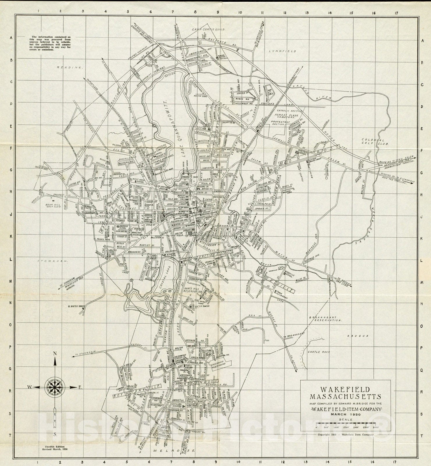 Historical Map, 1950 Wakefield, Massachusetts, Vintage Wall Art