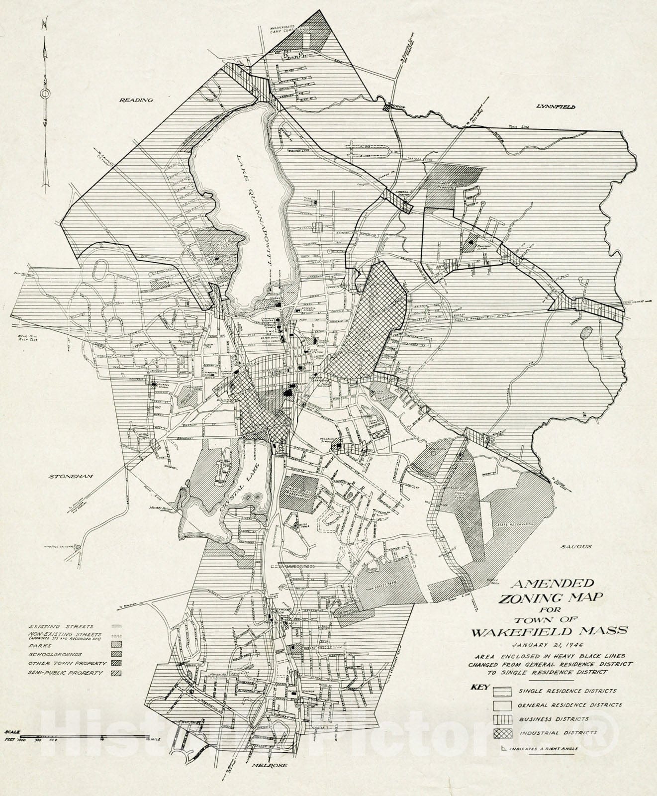 Historical Map, 1946 Amended zoning map for town of Wakefield Mass, Vintage Wall Art