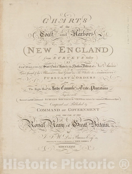 Historical Map, 1781 Charts of The Coast and Harbors of New England : [Title Page], Vintage Wall Art