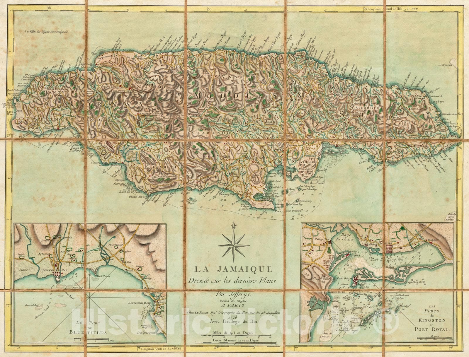 Historical Map, 1778 La Jamaique, Vintage Wall Art