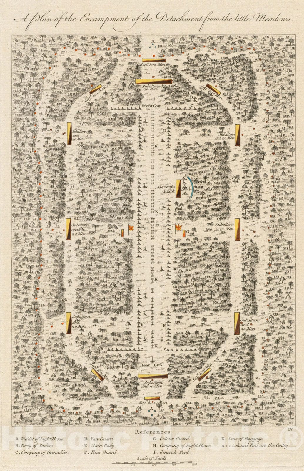 Historical Map, 1768 A Plan of the encampment of the detachment from the little Meadows, Vintage Wall Art
