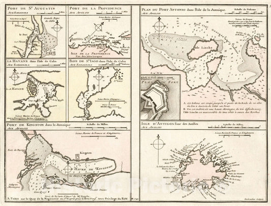 Historical Map, 1740 Port de St. Augustin - Port de la Providence - La Havane Dans l'isle de Cuba - Baye de Sn. Iago Dans l'isle de Cuba - Port de Kingston, Vintage Wall Art