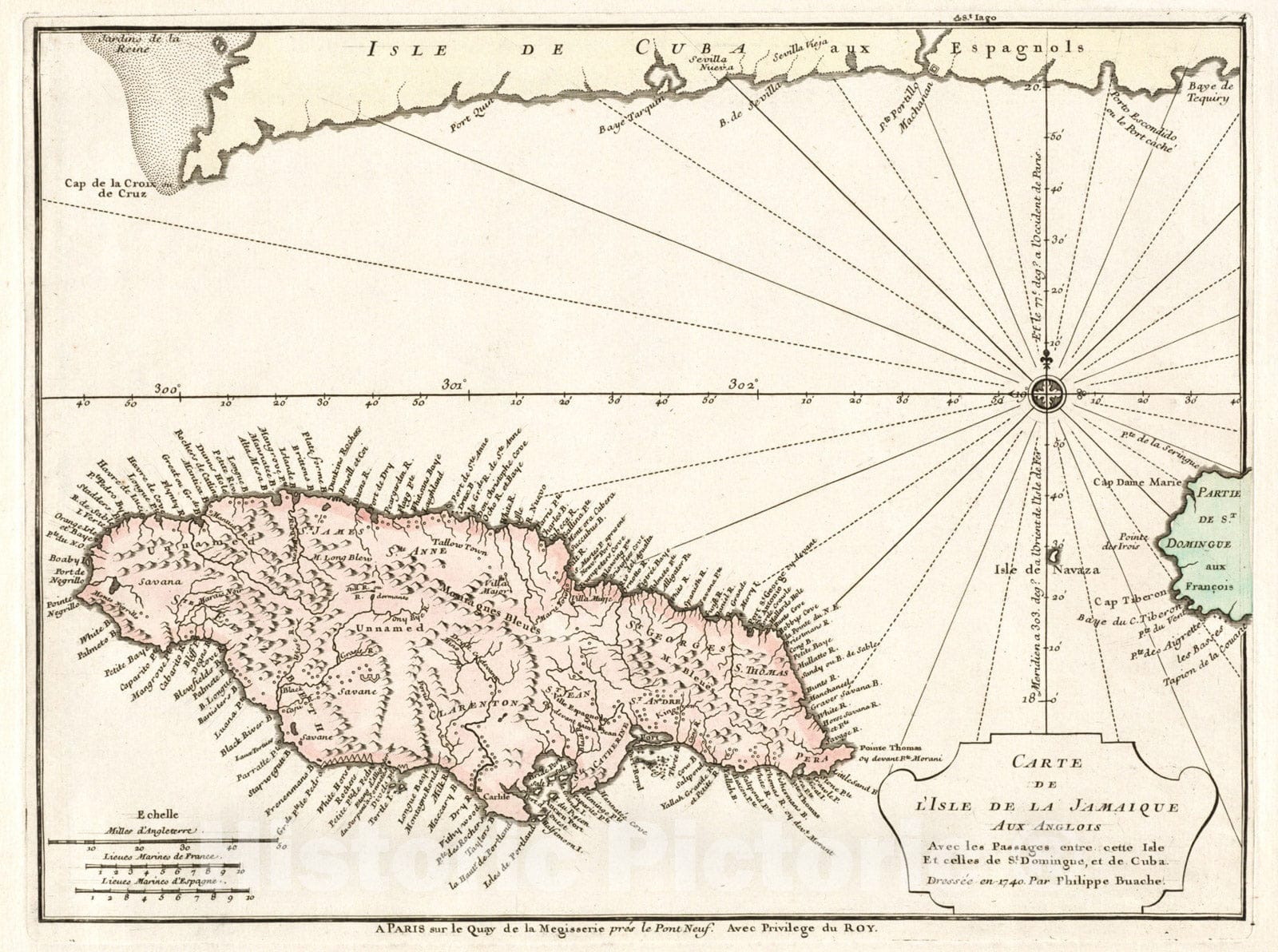 Historical Map, 1740 Carte de l'isle de la Jamaique, Vintage Wall Art