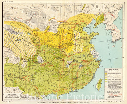 Historical Map, 1935 Physical Geography with The Boundaries of Ancient China, Vintage Wall Art