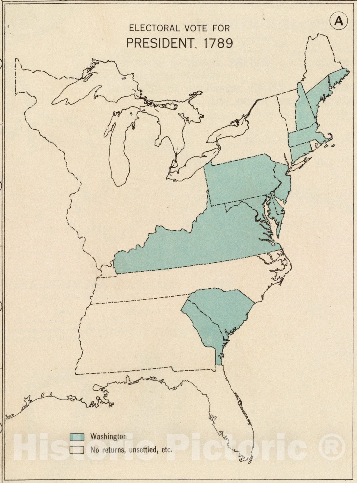 Historical Map, Electoral Vote for President, 1789, Vintage Wall Art