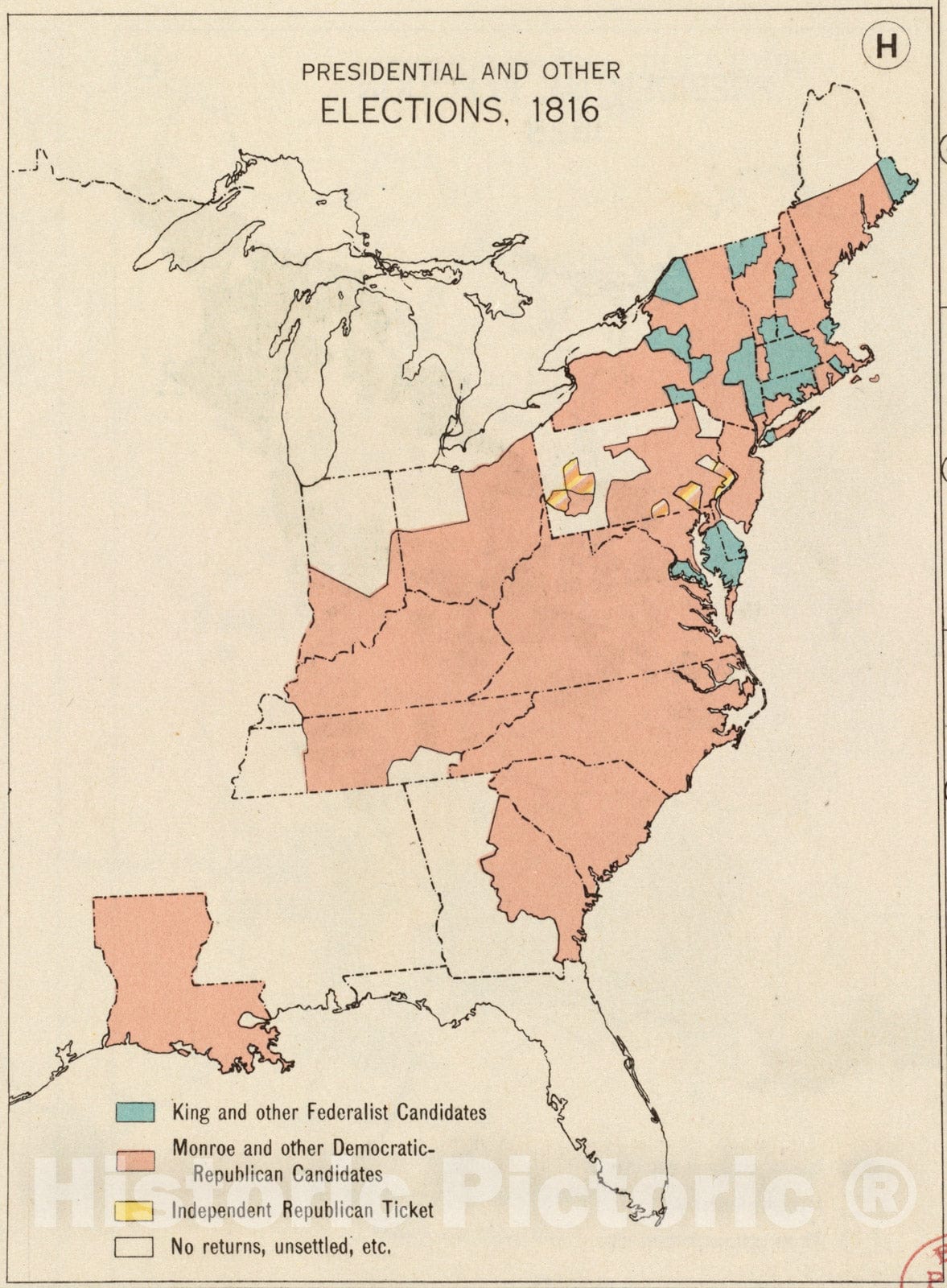 Historical Map, Presidential and Other Elections, 1816, Vintage Wall Art
