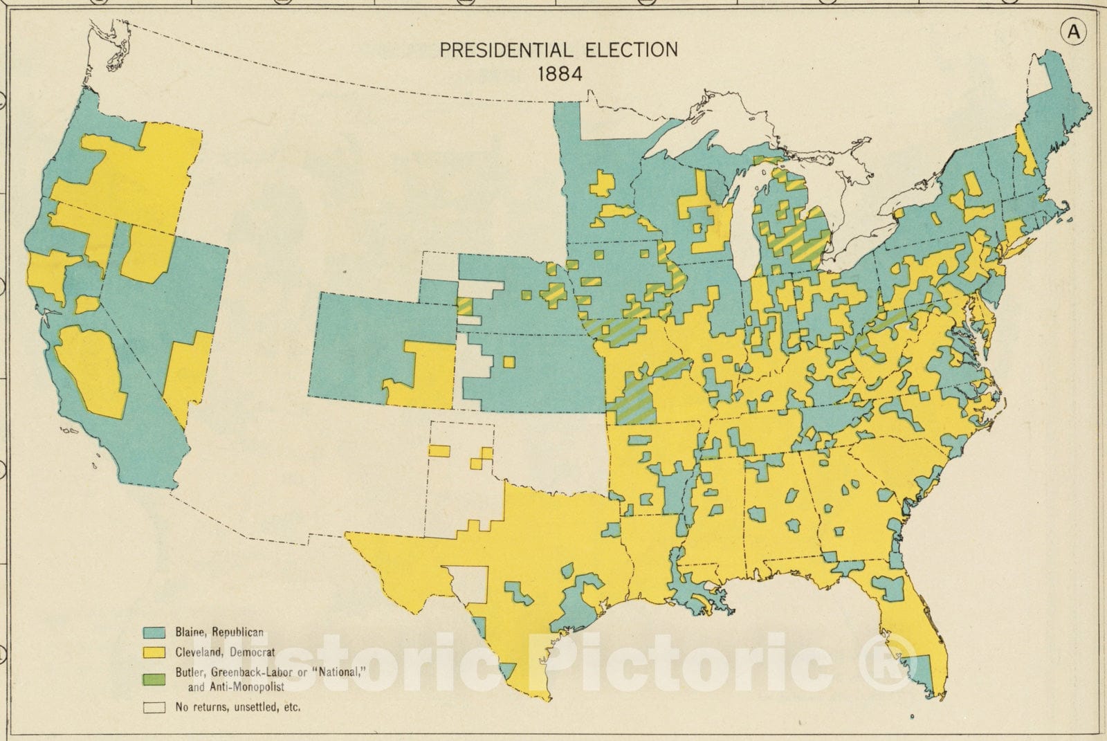 Historical Map, Presidential Election 1884, Vintage Wall Art