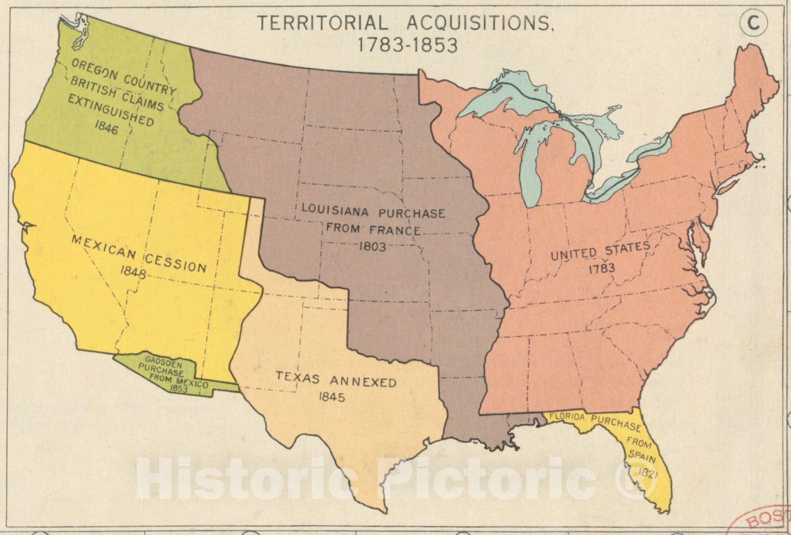 Historical Map, Territorial acqusitions, 1783-1853, Vintage Wall Art