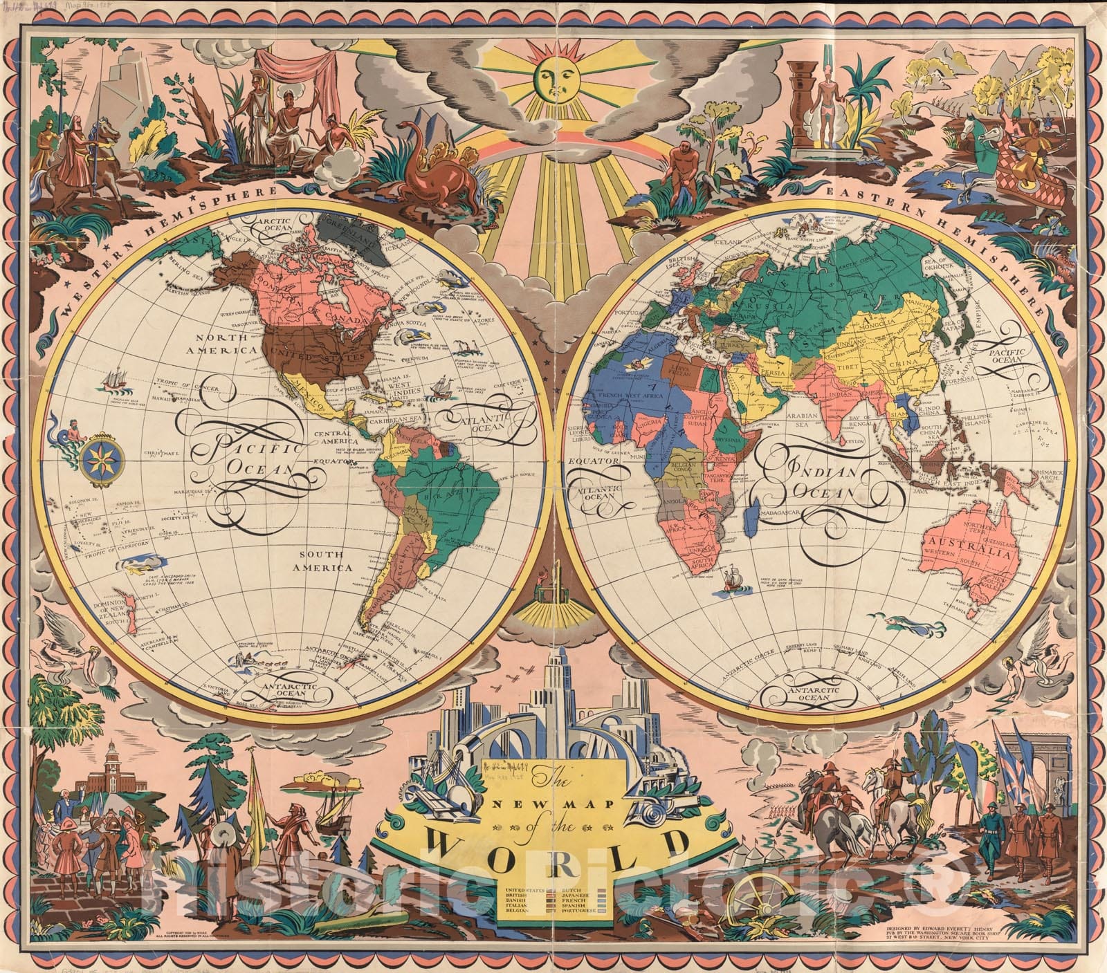 Historical Map, 1928 The New map of The World, Vintage Wall Art