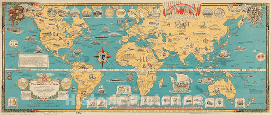 Historical Map, 1944 Mercator map of The World United : a pictorial History of Transport and Communications and Paths to Permanent Peace, Vintage Wall Art