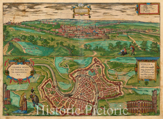 Historical Map, 1582 Magnifica illa civitas Verona ; Colonia Augusta Verona nova gallieniana, Vintage Wall Art