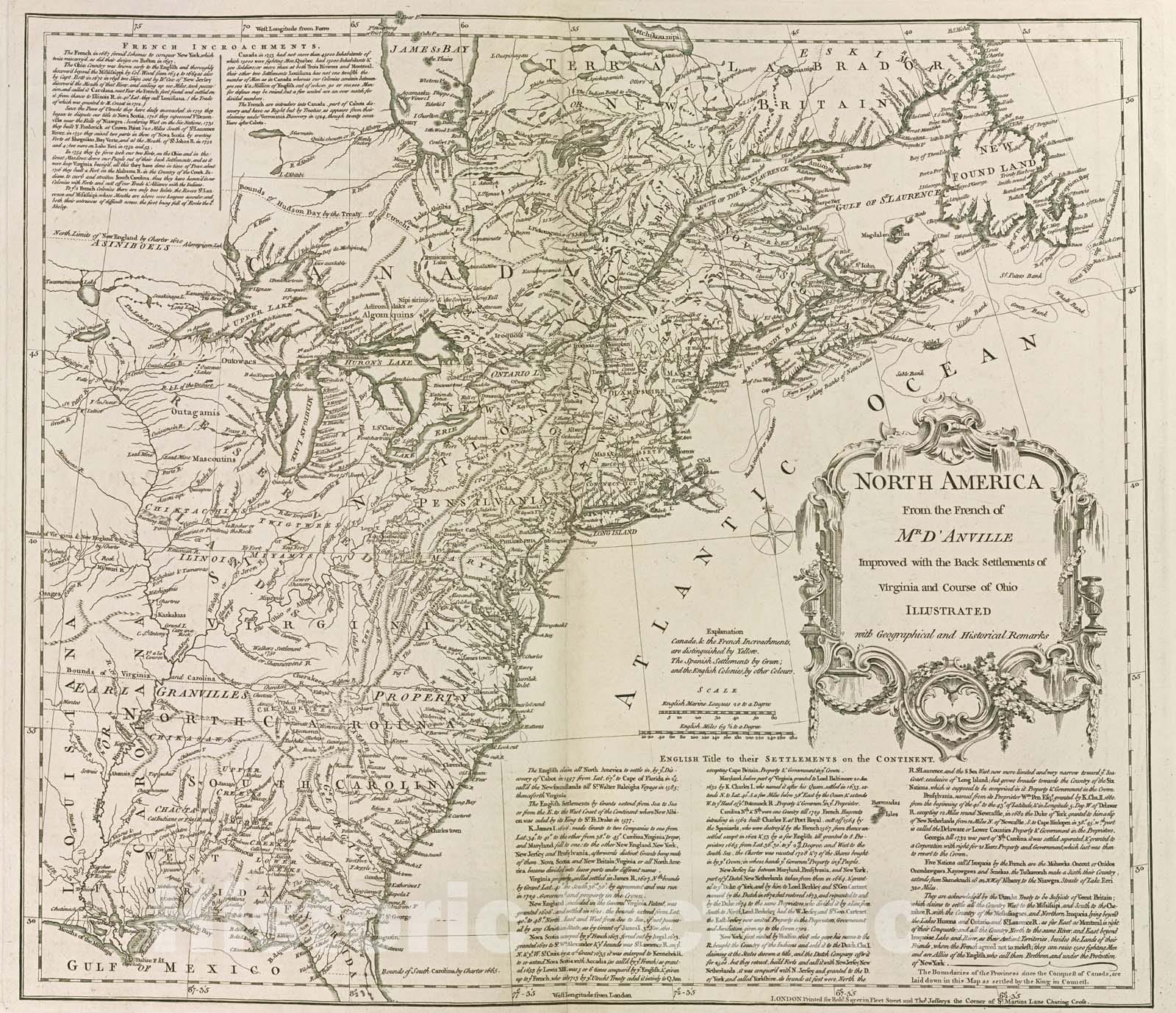 Historical Map, 1768 North America : from The French of Mr. d'Anville, Improved with The Back settlements of Virginia and Course of Ohio, Illustrated with Geographical, Vintage Wall Art