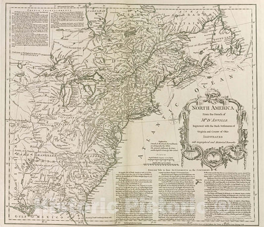Historical Map, 1768 North America : from The French of Mr. d'Anville, Improved with The Back settlements of Virginia and Course of Ohio, Illustrated with Geographical, Vintage Wall Art