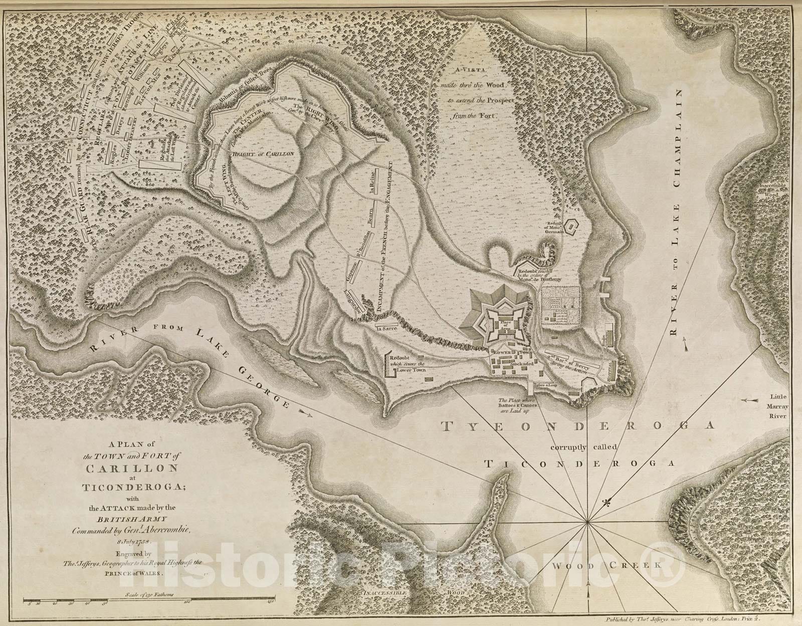 Historical Map, A Plan of the town and Fort of Carillon at Ticonderoga : with the attack made by the British army commanded by Genl. Abercrombie, 8 July 1758, Vintage Wall Art