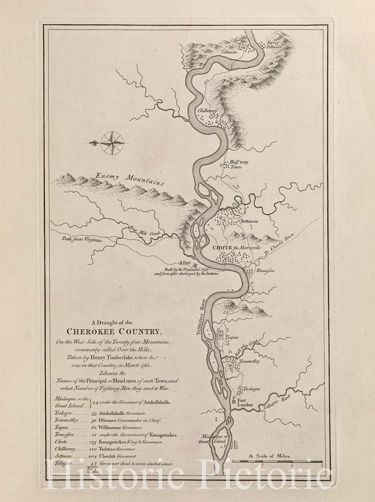 Historical Map, 1768 A Draught of The Cherokee Country, on The west Side of The Twenty Four Mountains, commonly Called Over The Hills, Vintage Wall Art