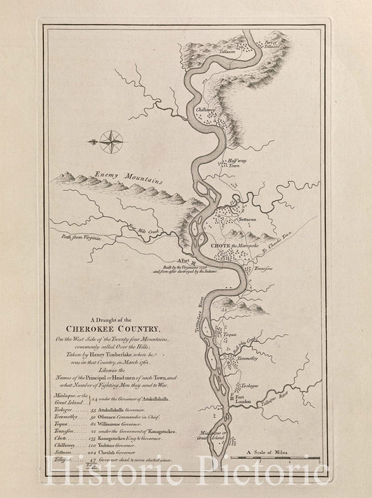 Historical Map, 1768 A Draught of The Cherokee Country, on The west Side of The Twenty Four Mountains, commonly Called Over The Hills, Vintage Wall Art