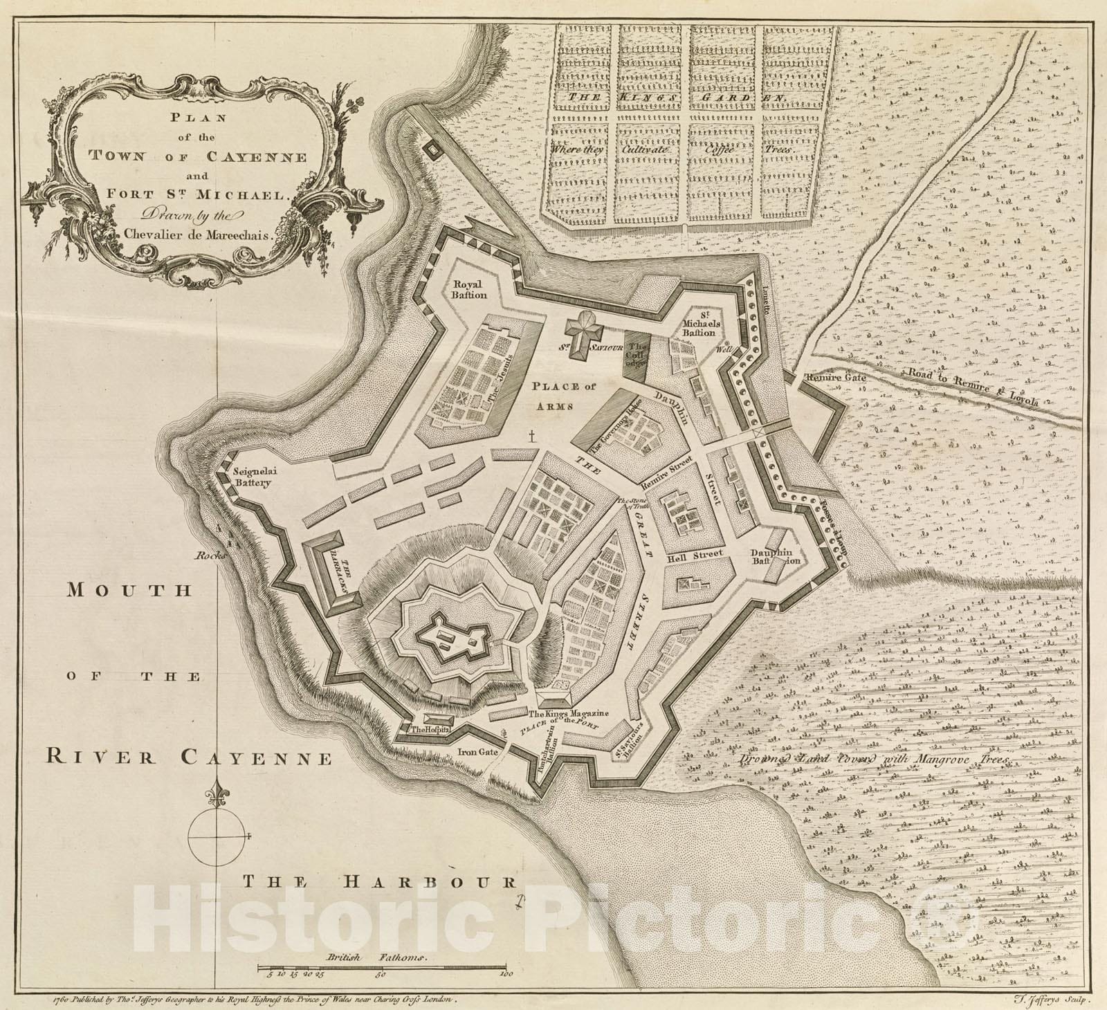 Historical Map, 1768 Plan of The Town of Cayenne and Fort St. Michael, Vintage Wall Art
