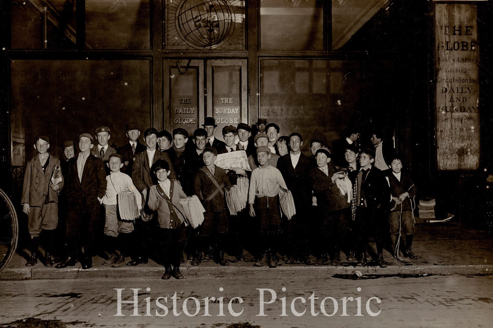 Historical Map, 1909 Boston Globe Newsboys on Newspaper Row, Vintage Wall Art
