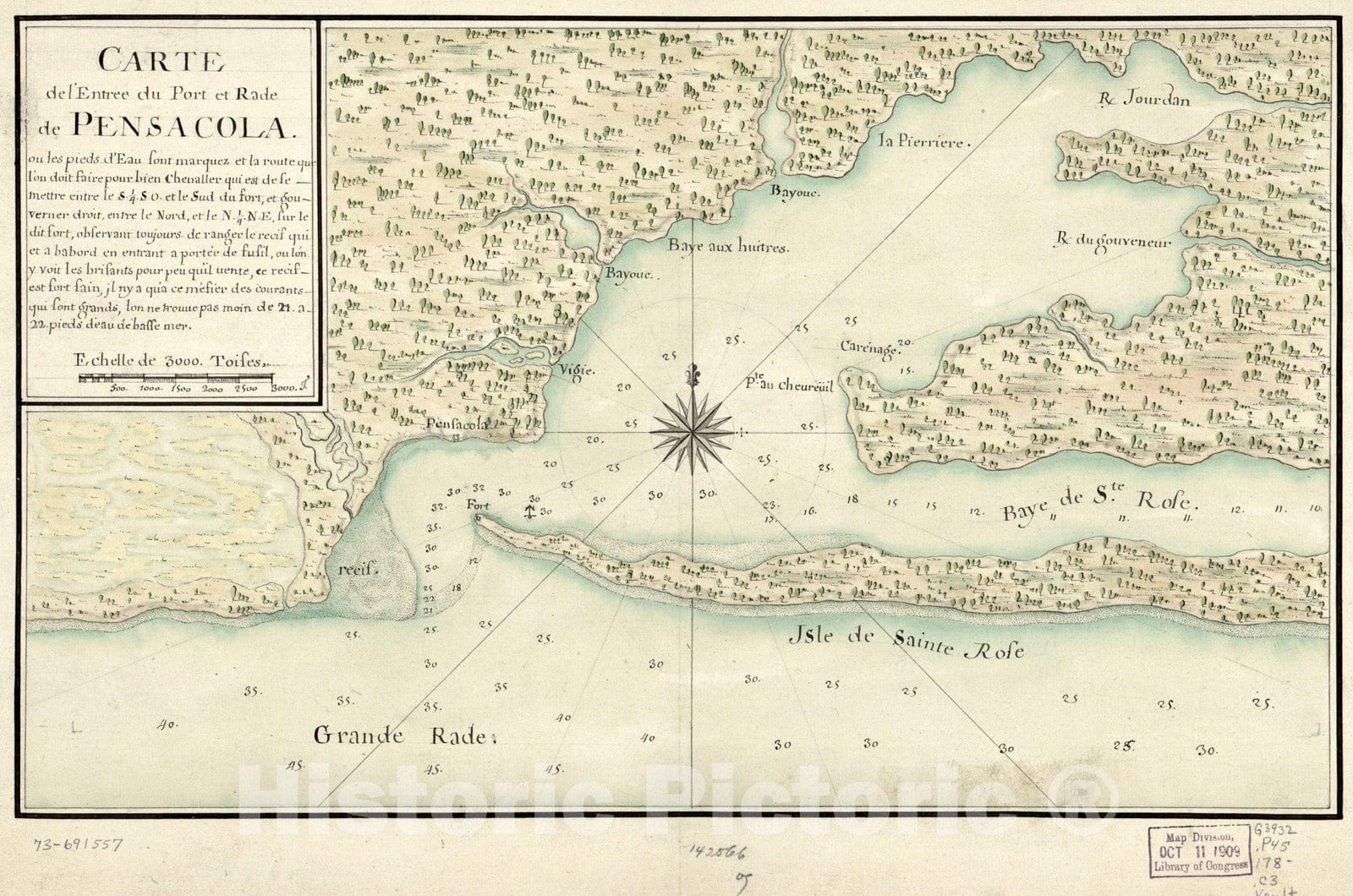 Historical Map, 1780-1789 Carte de l'entree du Port et Rade de Pensacola, Vintage Wall Art