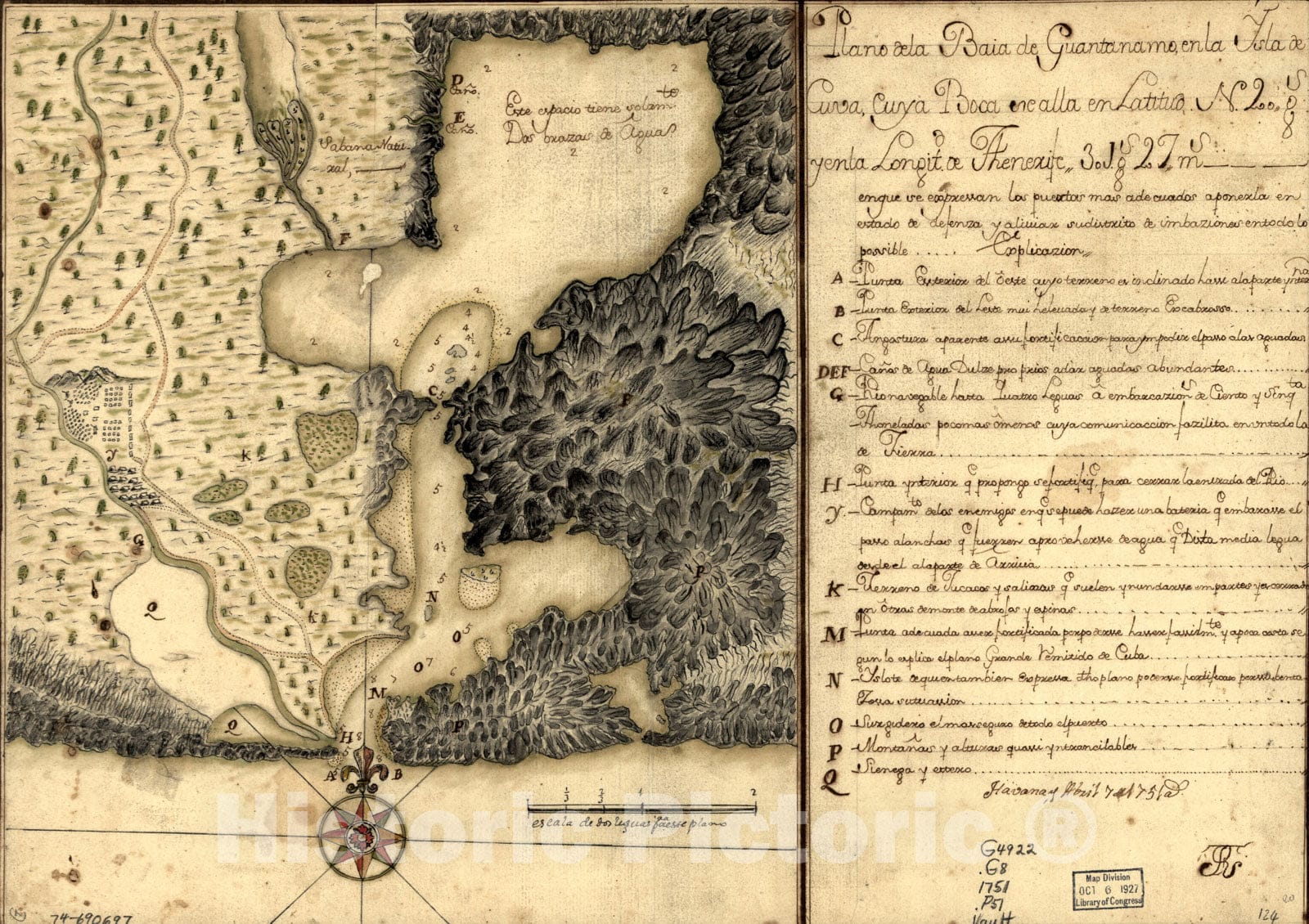 Historical Map, 1751 Plano de la BaiIa de GuantaInamo, en la ysla de Cuva, cuya Boca se alla en latitud N. 20 gs. y en la longitd. de Thenerife 301 gs. 27 ms, Vintage Wall Art
