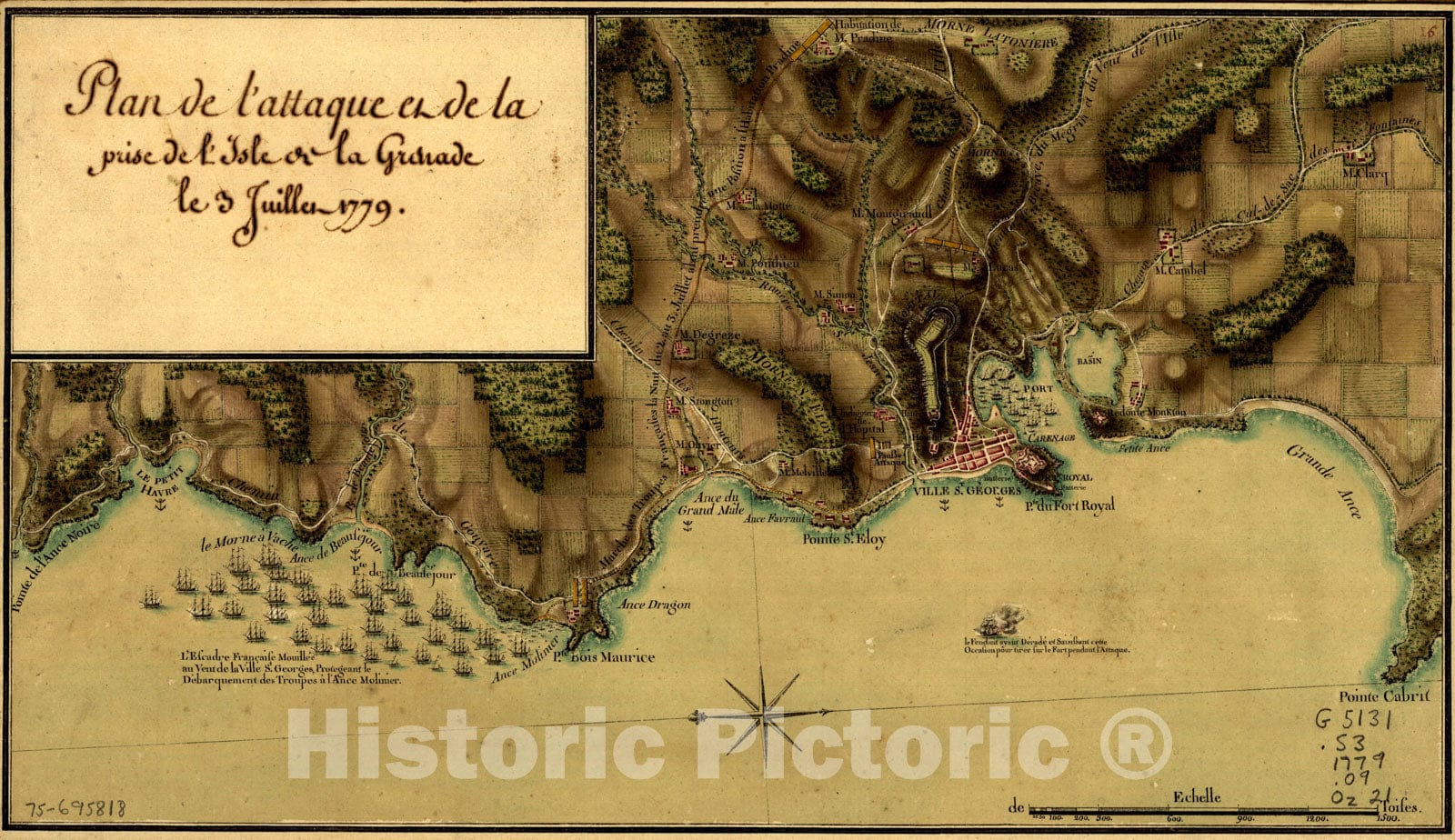 Historical Map, Plan de l'attaque et de la Prise de l'isle de la Grenade le 3 juillet 1779, Vintage Wall Art