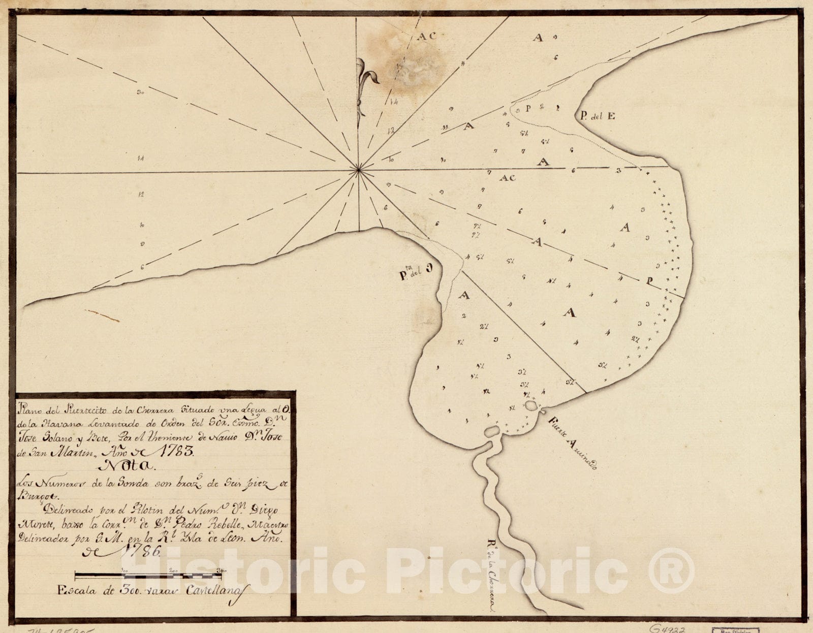 Historical Map, 1783 Plano del puertecito de la Chorrera cituado UNA legua al O. de la Havana, Vintage Wall Art
