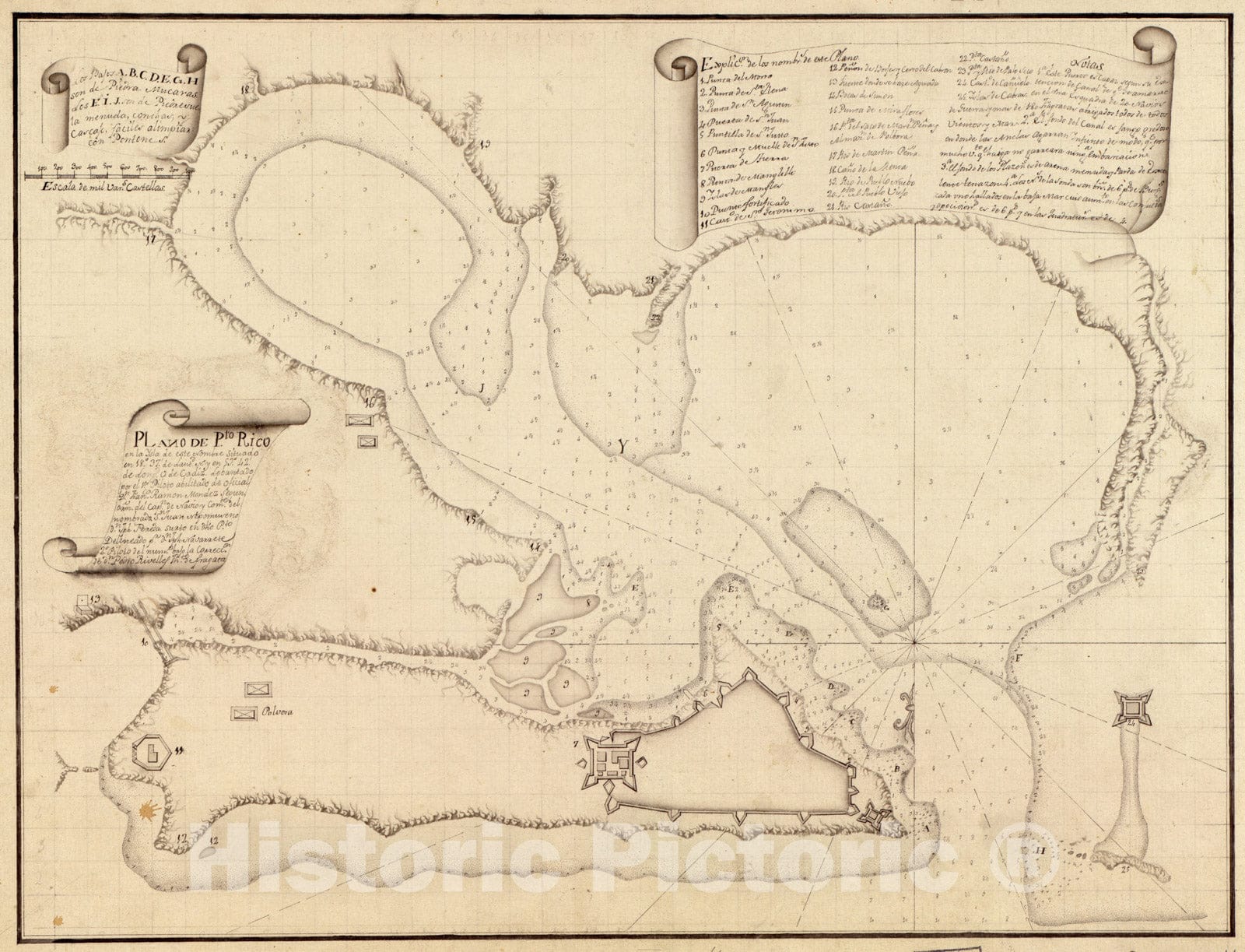 Historical Map, 1780 Plano de Pto. Rico en la ysla de este nombre situado en 18aÂ°37EÂ¹ de latitd. N. y en 59aÂ°42EÂ¹ de longd. O. de CaIdiz, Vintage Wall Art