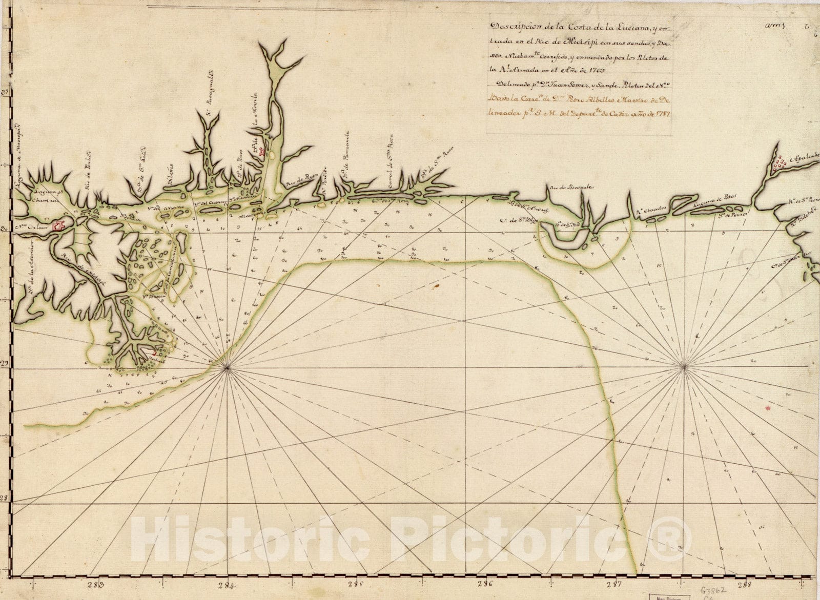 Historical Map, DescripcioIn de la Costa de la Luciana y entrada en el RiIo de Micisipi con sus sondas y bajos, nuebamte. correjido y enmendado por Los pilotos, Vintage Wall Art