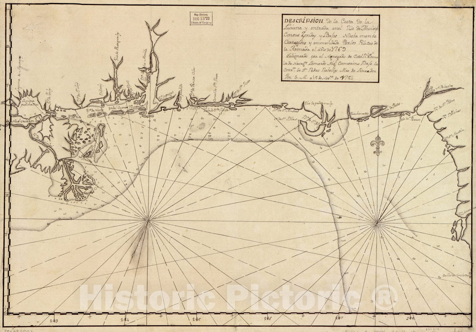 Historical Map, DescripsioIn de la Costa de la Luciana y entrada en el RiIo de Micisipi con sus zondas y bajos, nuebamente corregidos y enmendado por Los pilotos, Vintage Wall Art