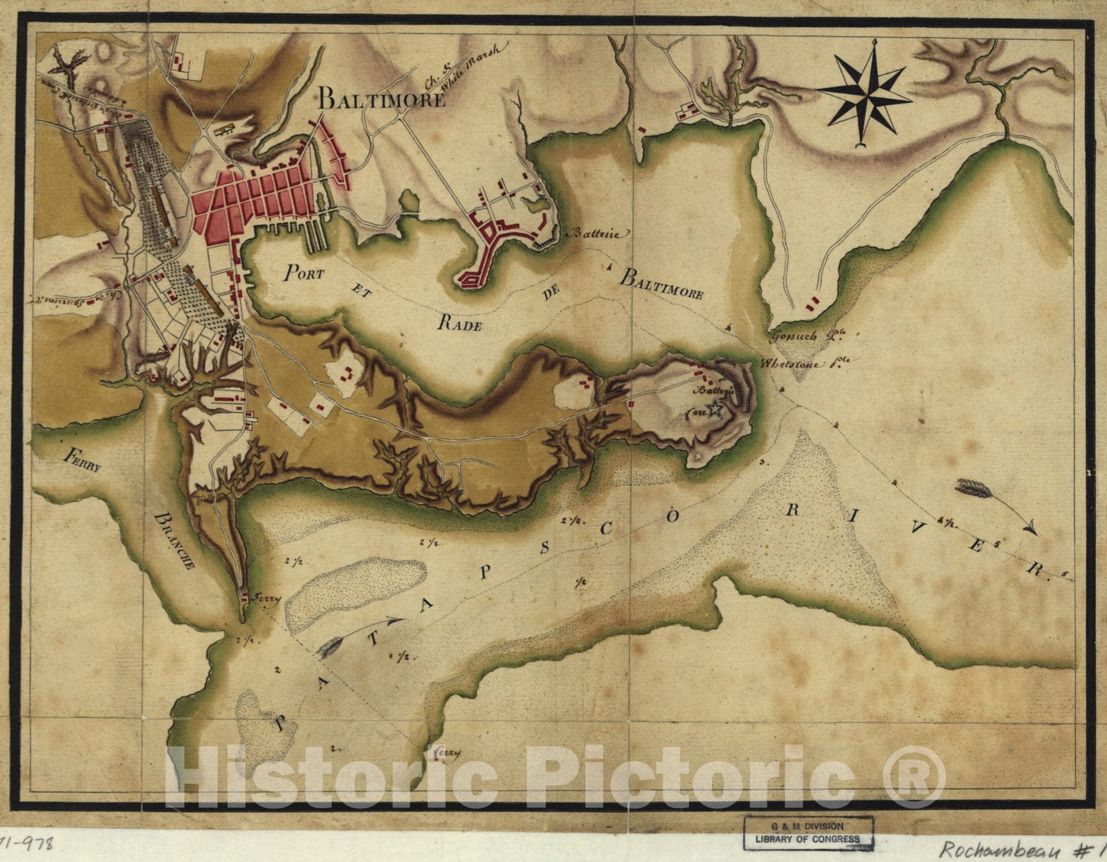 Historical Map, 1781 Ville, port, et rade de Baltimore dans le Maryland, Vintage Wall Art