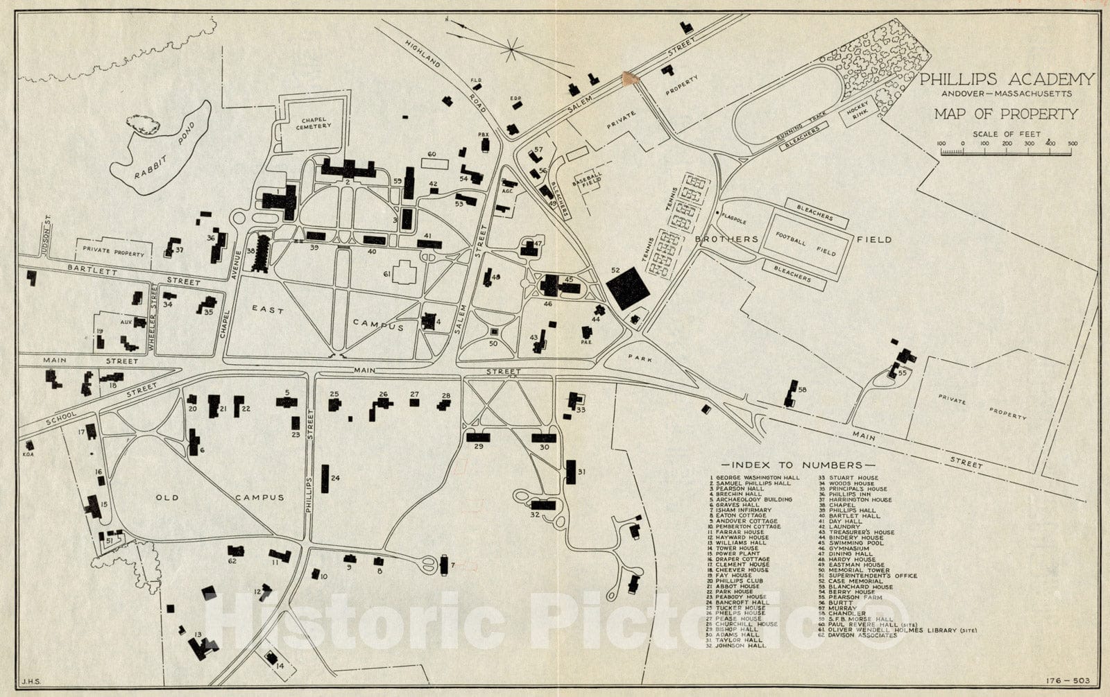 Historical Map, ca. 1924-1929 Phillips Academy, Andover, Massachusetts, map of Property, Vintage Wall Art