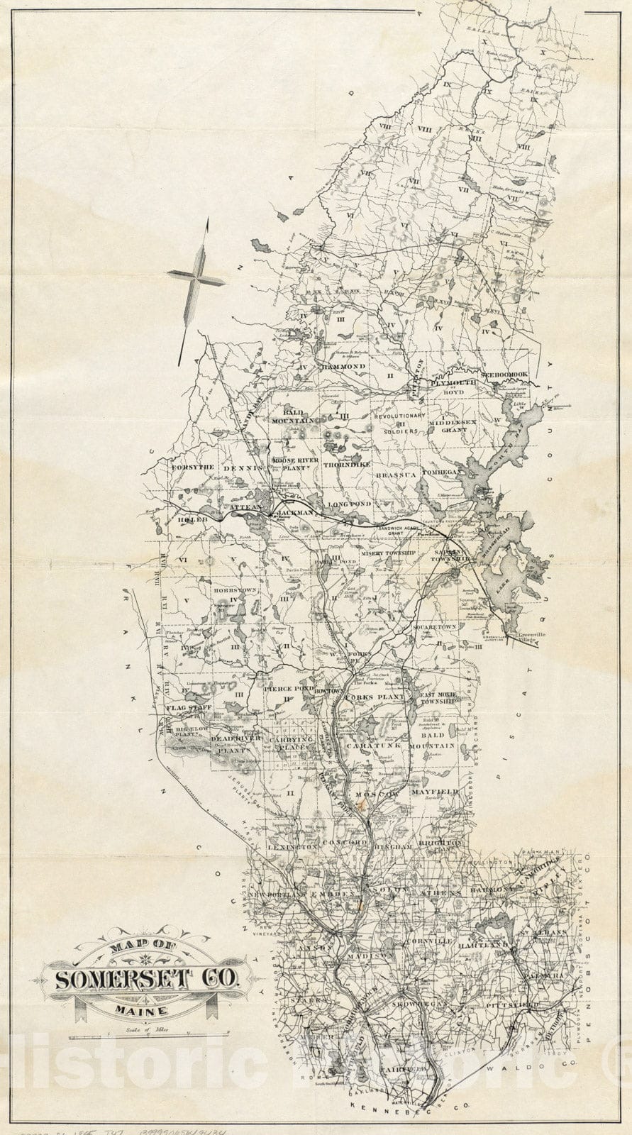 Historical Map, ca. 1895 Map of Somerset Co, Maine, Vintage Wall Art