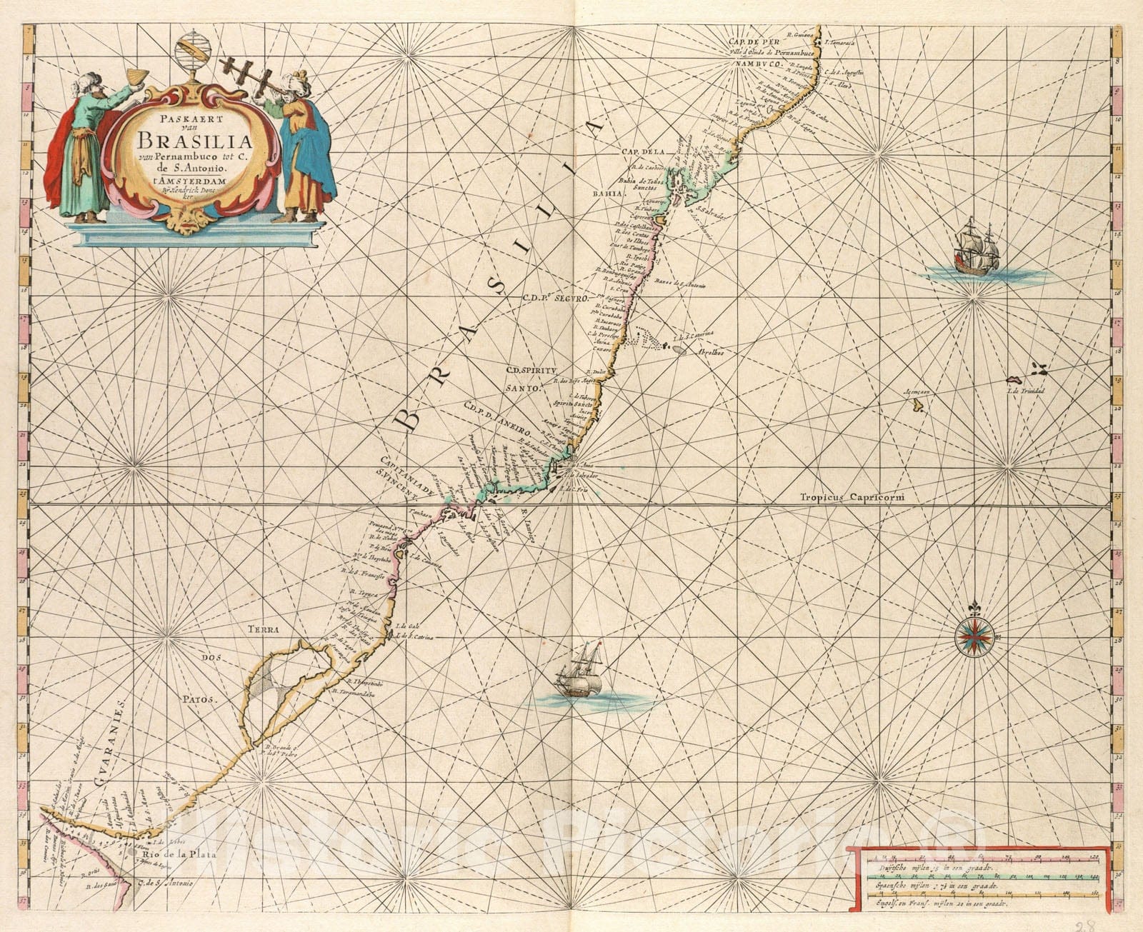 Historical Map, 1660 Paskaert Van Brasilia Van Pernambuco tot C. de S. Antonio, Vintage Wall Art