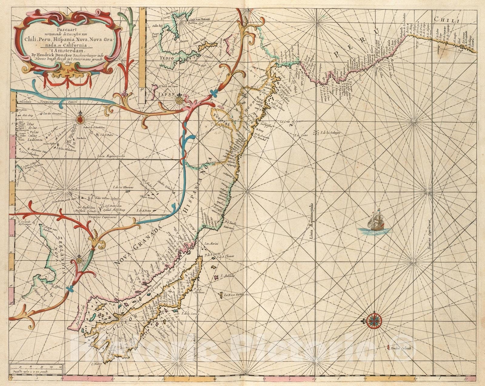 Historical Map, 1660 Pascaart vertoonende de zeecusten Van Chili, Peru, Hispania Nova, Nova Granada en California, Vintage Wall Art