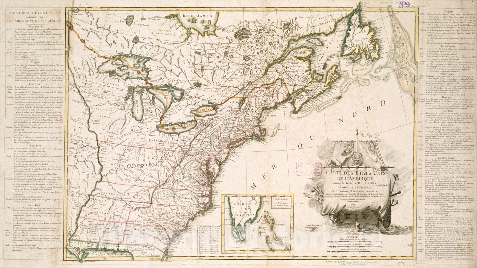 Historical Map, Carte des Etats-UNIS de l'Amerique suivant le Traite de Paix de 1783, Vintage Wall Art