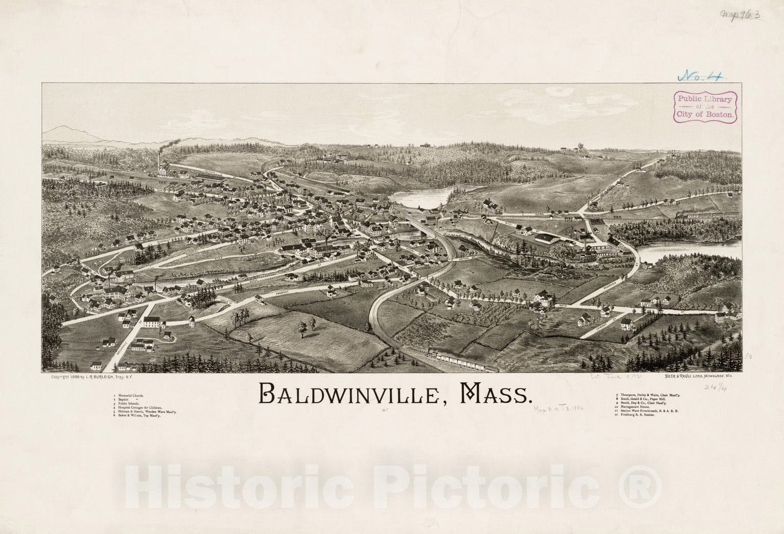 Historical Map, ca. 1886 Baldwinville, Mass, Vintage Wall Art