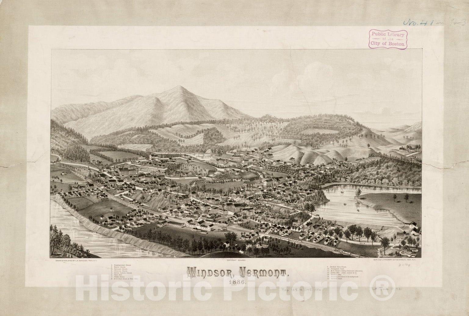 Historical Map, Windsor, Vermont : 1886, Vintage Wall Art