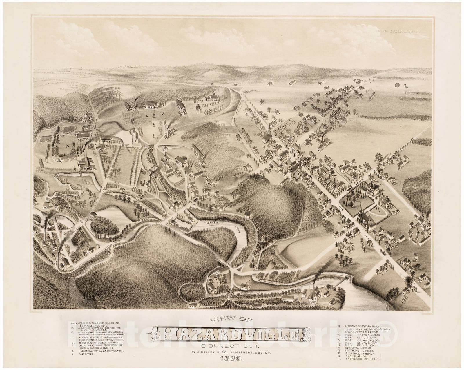 Historical Map, 1880 View of Hazardville, Connecticut, Vintage Wall Art
