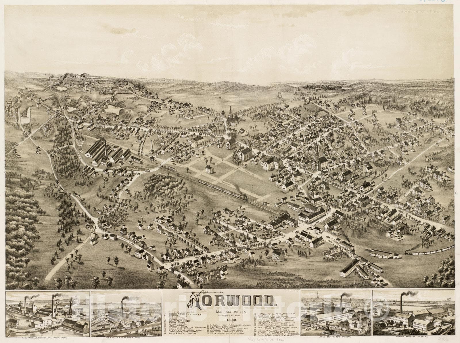 Historical Map, Norwood, Massachusetts : 1882, Vintage Wall Art