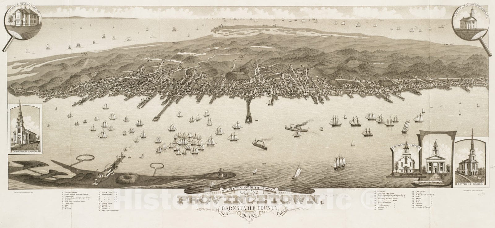 Historical Map, Bird's eye view of the town of Provincetown, Barnstable County, Mass : 1882, Vintage Wall Art