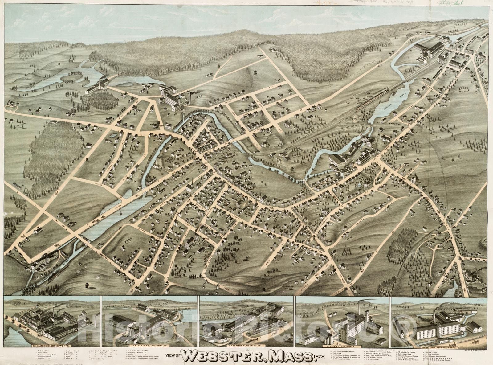 Historical Map, View of Webster, Mass : 1878, Vintage Wall Art