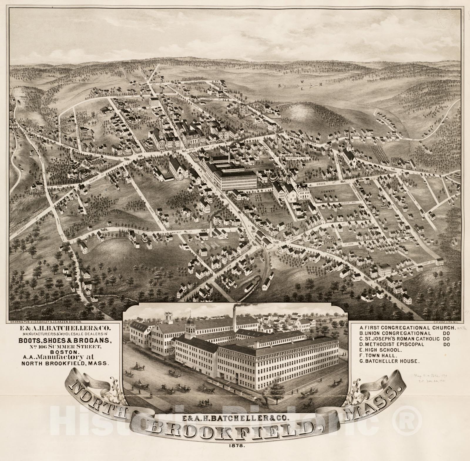 Historical Map, North Brookfield, Mass : 1878, Vintage Wall Art