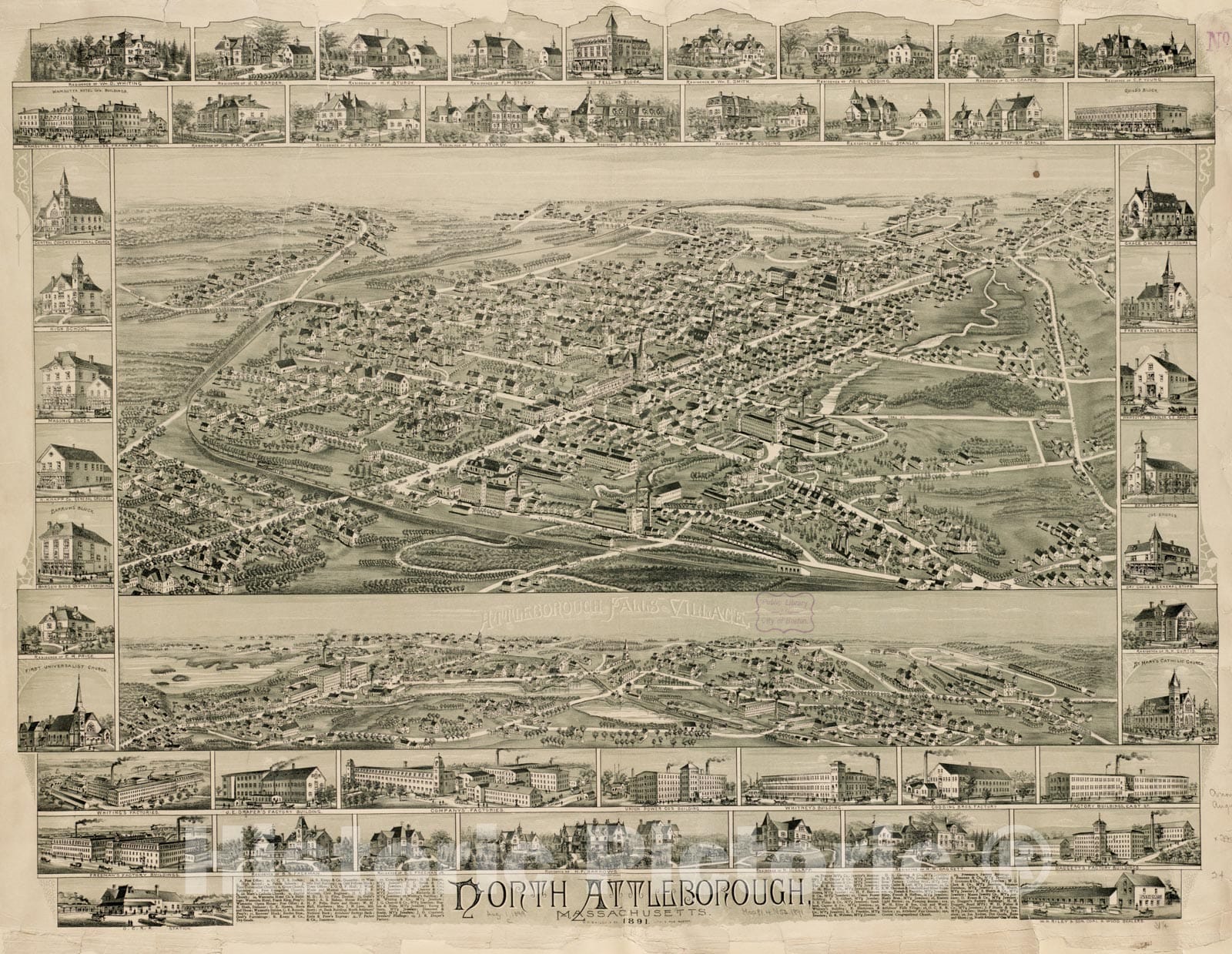 Historical Map, North Attleborough, Massachusetts : 1891, Vintage Wall Art