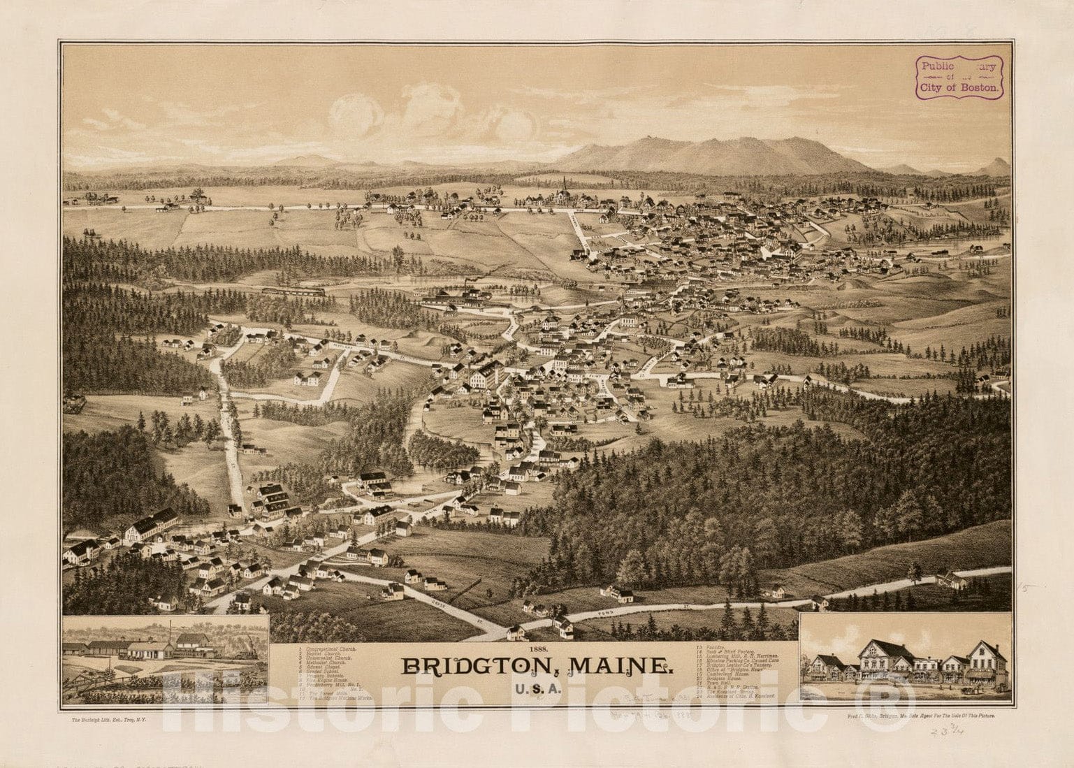Historical Map, Bridgton, Maine : U.S.A, 1888, Vintage Wall Art