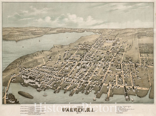 Historical Map, View of Warren, R.I : 1877, Vintage Wall Art
