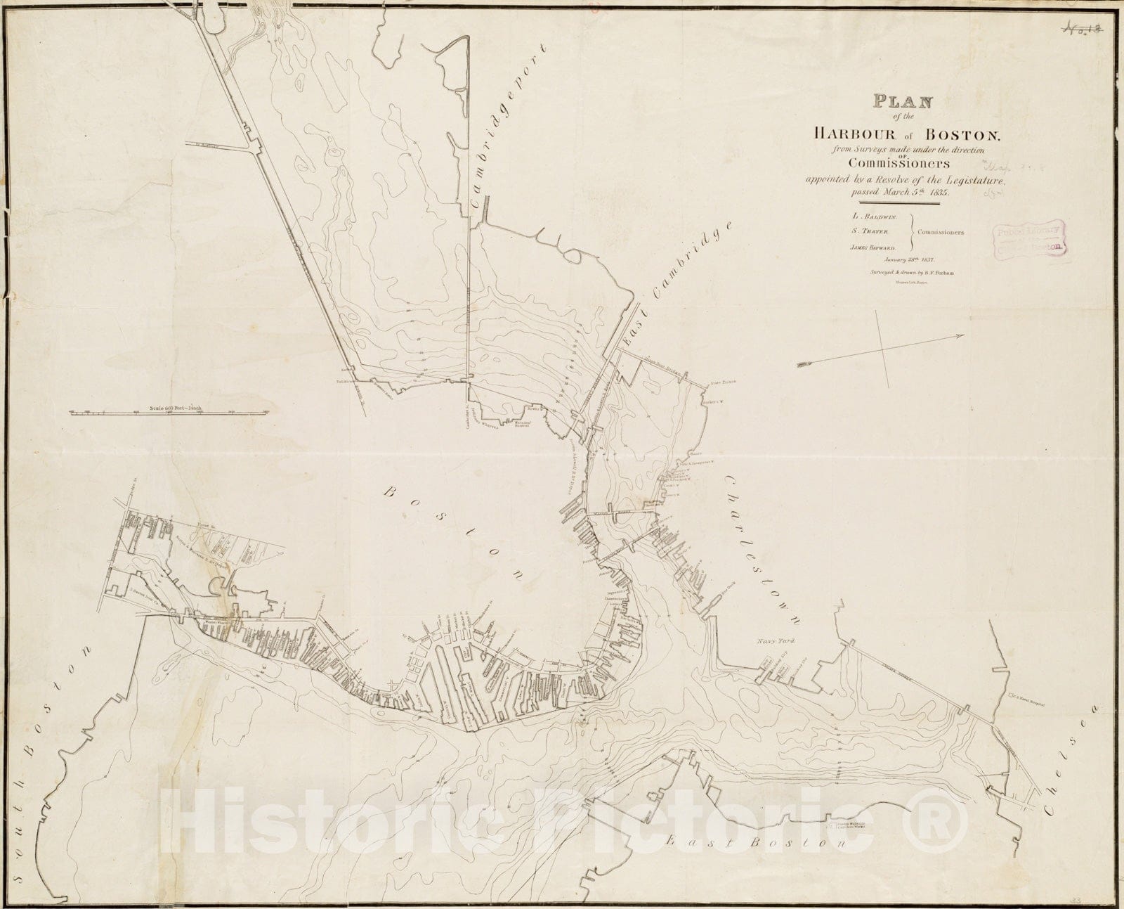 Historical Map, Plan of the harbour of Boston, from surveys made under the direction of commissioners appointed by a resolve of the legislature, passed March 5th 1835, Vintage Wall Art