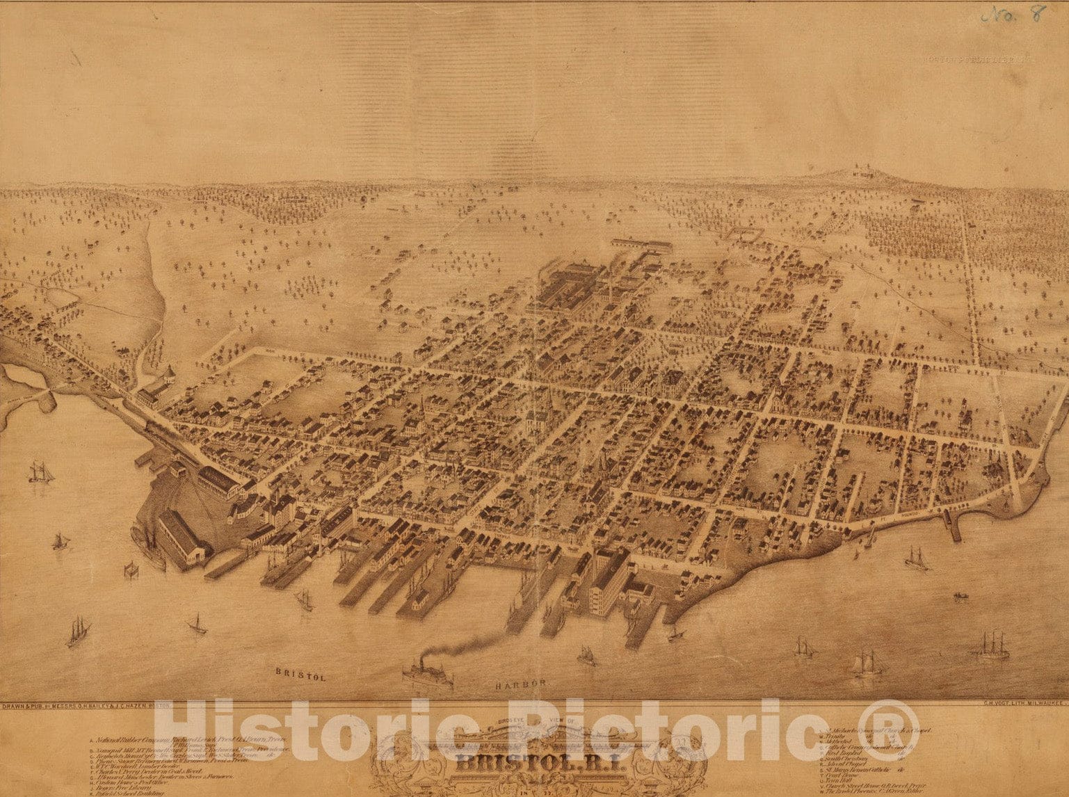 Historical Map, Bird's Eye View of Bristol, R.I : 1877, Vintage Wall Art