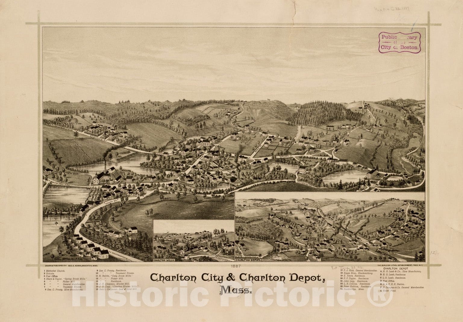 Historical Map, 1887 Charlton City & Charlton Depot, Mass, Vintage Wall Art