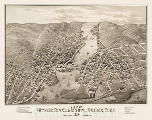 Historical Map, View of Mystic River & Mystic Bridge, Conn. 1879, Vintage Wall Art