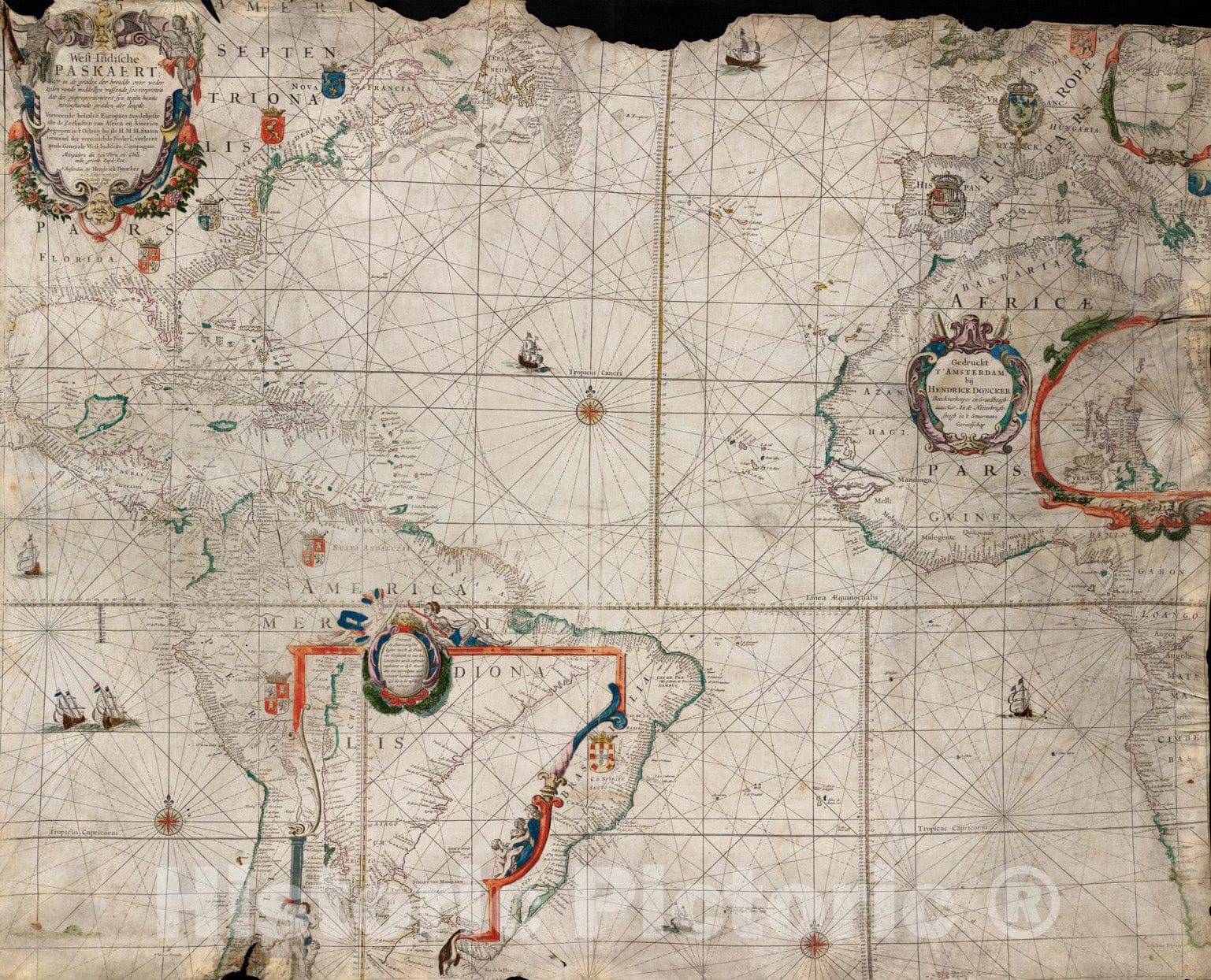Historical Map, 1659 West-Indische paskaert : waer in de graden der breedde Over Weder zyden vande middellyn wassende soo vergroten dat die geproportioneert syn tegen, Vintage Wall Art